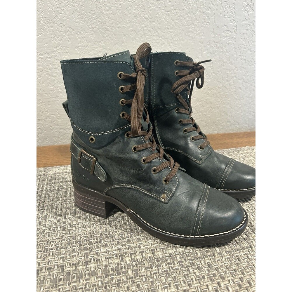 Taos Crave Green Leather Lace Up Combat Boots Side Zip Size EU  37 US 6-6.5